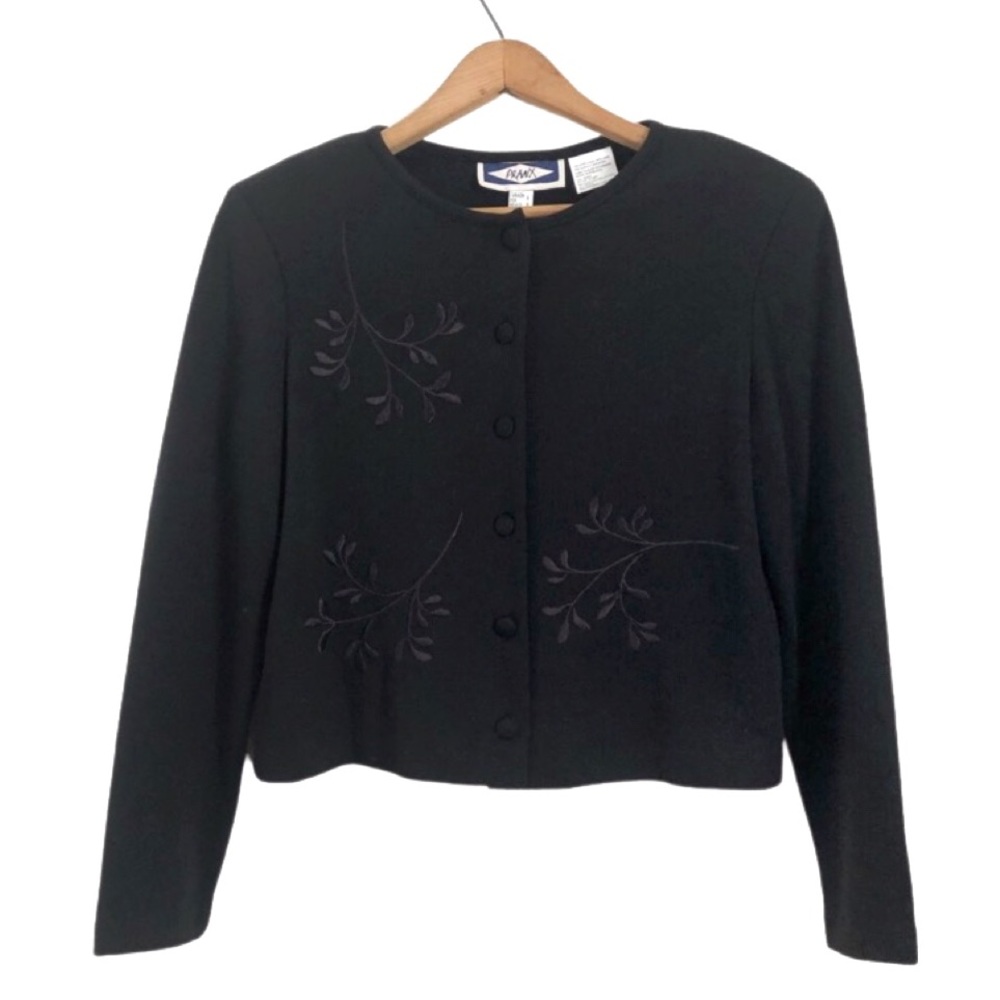 Vintage 80s Wool Blend Embroidered Black Cardigan